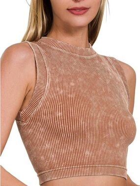 NWOT Zenana Padded Ribbed Acid Washed Muscle Crop Top Size L/XL